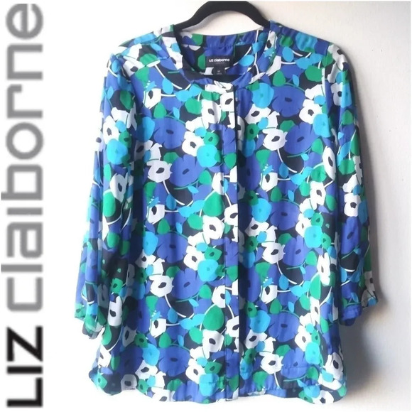 LIZ CLAIBORNE CAREER FLORAL BLOUSE - BLUE - Picture 1 of 5